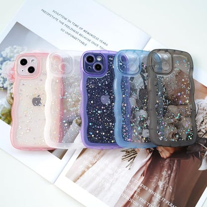 Glitter case for iPhone 13/14 Wavy Edge Black | Bling Sparkle Glitter，Wavy Edge，Full Protection Soft TPU，Kawaii Cute Phone Case for Women Girls - color: Black
