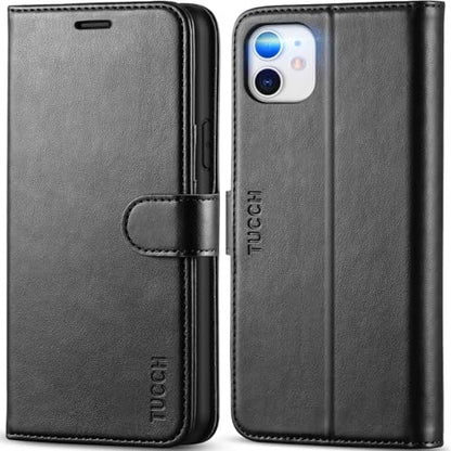 TUCCH Wallet Case for iPhone 11 (6.1") 2019, 3 Card Holders, Black | RFID Blocking, Viewing Stand, Shockproof TPU Shell, PU Leather, Magnetic Closure, Protective Folio Flip Cover - color: Black