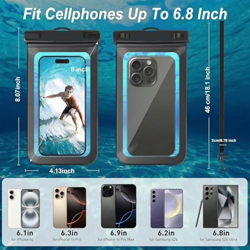 [2 Pack Waterproof Phone Case, Universal Dry Bag for iPhone 15/14/13/12 Pro Max, IPX8 Waterproof Pouch, Cruise Ship & Beach Essentials, Black & Clear - 6.8" - color: A4-Black + Clear-2 pack, size: 6.8in