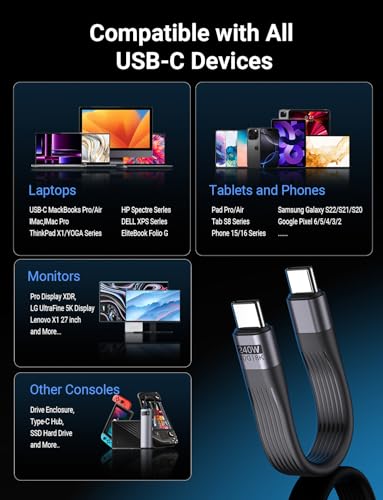 VAFOTON PD 240W Short USB C Cable/USB 4.0 USB C Short Cable/40Gbps Data Transfer, 8K 60Hz Video Display, Thunderbolt 3/4 for 1Phone16/15, Ma-Book/1Pad Series, Samsung Galaxy, Android Auto, VR - color: Black
