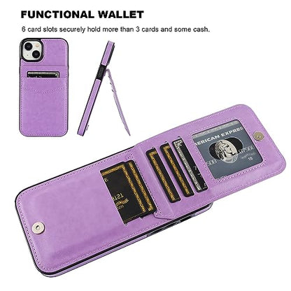 KIHUWEY for iPhone 15 Plus Wallet Case Card Holder Kickstand, Purple | Credit Card Slots, PU Leather, Magnetic Clasp, Flip Heavy Duty Protection Cover for Men and Women - color: Purple