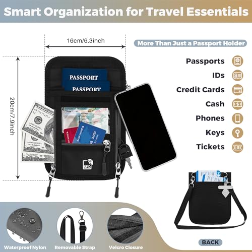 Passport Holder for Travel with Phone Clip, RFID Blocking Neck Wallet, Secure Neck Pouch with Zipper Compartments and ID Window for Men and Women (Black)
