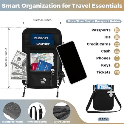 Passport Holder for Travel with Phone Clip, RFID Blocking Neck Wallet, Secure Neck Pouch with Zipper Compartments and ID Window for Men and Women (Black)