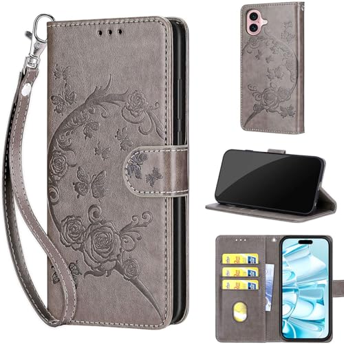 Wallet Case for iPhone 16, Gray Flower | Women Flip Folio Cover, Embossed PU Leather, Stand, Credit Card Holders Slots, Wrist Strap - color: 6