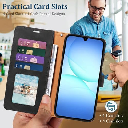 Wallet Case for Samsung Galaxy A17, RFID Blocking (Black) | 4 card slots with ID window, cash pocket, wrist strap, stand function, magnetic closure, flip PU leather, TPU inner shell - color: Black
