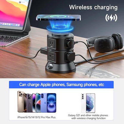 Power Strip Tower 1875W 15A with 15W Magnetic Wireless Charger, Dual-Layer Rotatable Design, 540 Joules Surge Protector Tower with 6 AC Outlets and 4 USB Ports(2USBA+2USBC), 5FT Braided Extension Cord - size: 1875W Tower
