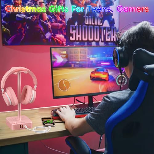 cozoo Headphone Stand with Charger, USB C, Gifts for Gamers Men, Pink - color: Pink