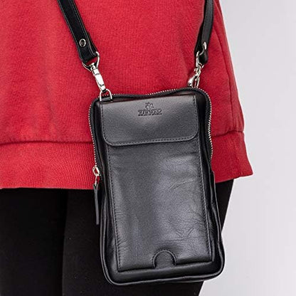 Ferrara Premium Leather Crossbody Phone Purse - Unisex Crossover Sling Shoulder Bag with Card Holder & Adjustable Strap - color: Black
