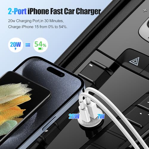 Rapid Car Charger for iPhone 15, 27W 2-Port USB C&A Car Charger with 20W Wall Charger, 2-Pack 6Ft USB-C to USB-C Cables, Fast Charging for iPhone 15/15 Plus/15 Pro/15 Pro Max/iPad Pro Air Mini White