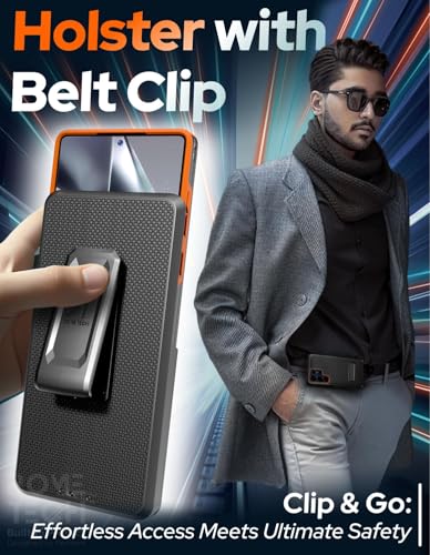 Designed for Samsung Galaxy S25 Ultra Case with Belt Clip Holster | Rugged Cover with Strong Magnet & Kickstand Heavy Duty Combo - Black & Orange - color: Black & Orange