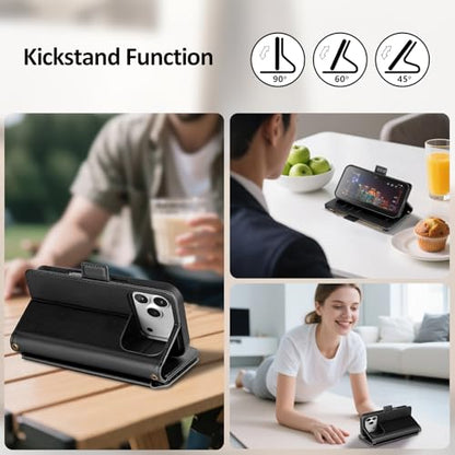 Antsturdy Compatible with MagSafe iPhone 17 Pro Wallet Case,Black | Detachable Magnetic Credit Card Holder,RFID Blocking,PU Leather Zipper Purse,Wrist Strap Kickstand,Flip Phone Cover for Women - color: (Detachable with Magsafe)-Black