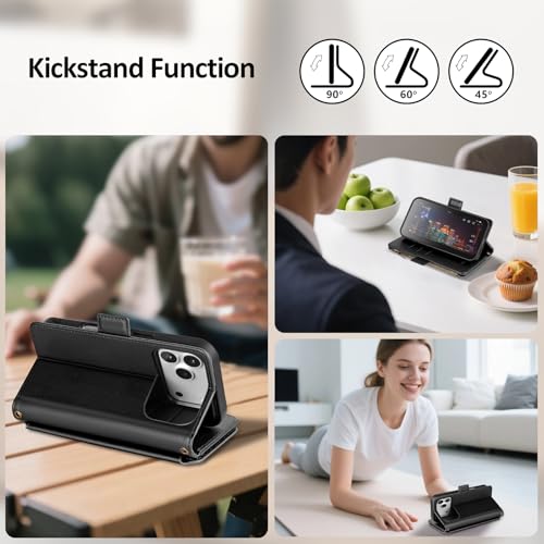 Antsturdy Compatible with MagSafe iPhone 17 Pro Max Wallet Case,Black | Detachable Magnetic Credit Card Holder,RFID Blocking,PU Leather Zipper Purse,Wrist Strap Kickstand,Flip Phone Cover for Women - color: (Detachable with Magsafe)-Black