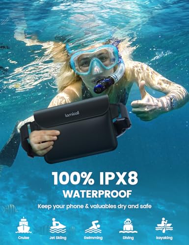 Lamicall Waterproof Fanny Pack Pouch - Large 8.7” Capacity fits iPad Mini & iPhone 17 16 15 Pro Max with Case - IPX8 Submersible Dry Bag for Cruise Essentials, Snorkeling, Kayaking, Black 2-Pack - color: Black & Black - Elastic Strap