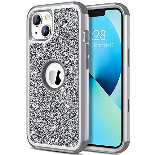 Hython Case for iPhone 13 Case Glitter, Cute Sparkly Shiny Bling Sparkle Cover, Heavy Duty 3 in 1 Hybrid Hard PC Soft TPU Bumper Full Body Shockproof Protective Phone Cases for Women Girls, Gray - color: Gray
