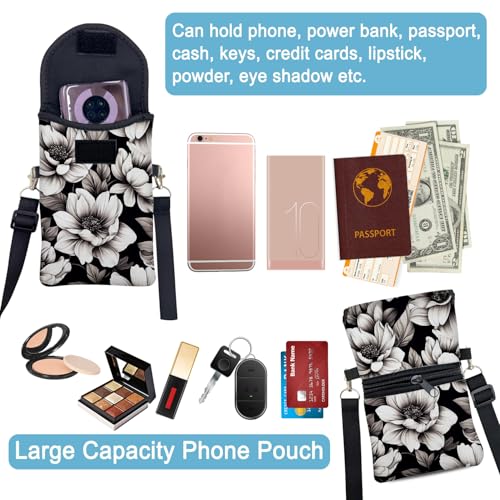 Neoprene Cell Phone Sleeve Pouch Case Bag with Crossbody Strap Neck Lanyard for Women 7.5 X 4.3 in Flower Black - color: Flower Black 1