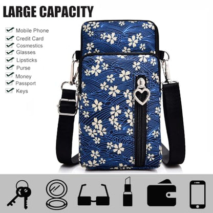 Small Crossbody Bag for Women, Multi Zip Pockets Nylon Wallet Purse Credit Card Holder with Detachable Hand Strap - color: Blue/Floral pattern