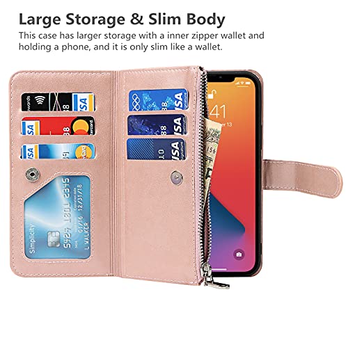 iCoverCase Compatible with iPhone 13 Wallet Phone Case with Card Holder, PU Leather Zipper Pocket Magnetic Detachable Flip Case with Wrist Strap (Rose Gold) - color: Detachable--Rose Gold