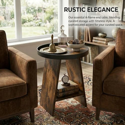 2-Tier Round End Table with 17.7 inch Tray Top, Rustic Brown - color: Rustic Brown