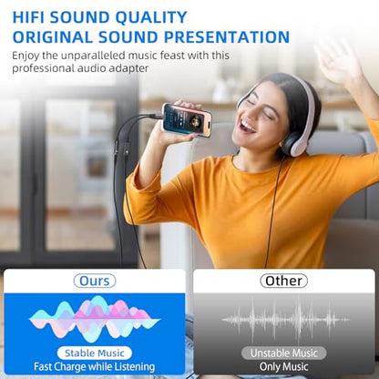 2-in-1 Lightning to 3.5mm Jack Headphone and Charger Cable Adapter,Earphones Converter Splitter Support Music+Charge+HiFi+Mic+Control for iPhone 14 Pro Max/14 13 12 11【Apple MFi Certified
