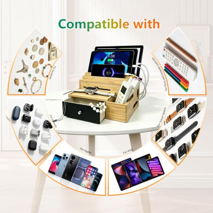 Bamboo Charging Station with 5-Port USB Charger & 5 Cables