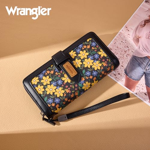 X Wrangler Women's Wallets Bifold Wristlet Wallets for Women Large Capacity Credit Card Wallet with ID Window - color: Floral-black