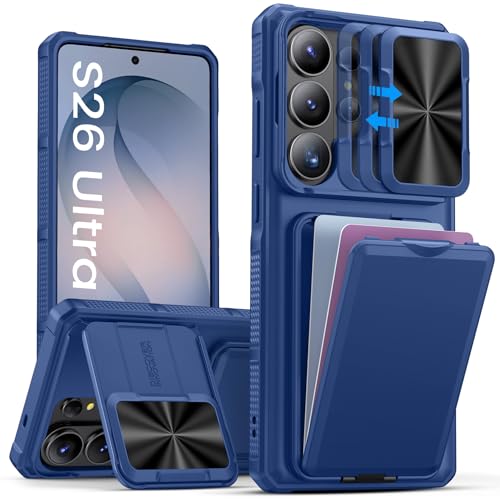 SSLOTSCASE for Samsung Galaxy S26 Ultra Case with Stand & Credit Card Holder & Sliding Camera Cover & Wallet, Heavy-Duty Rugged Silicone Edge Protective Case Cover for S26 Ultra 5G 6.9" 2026, Blue - color: Blue, size: S26 Ultra