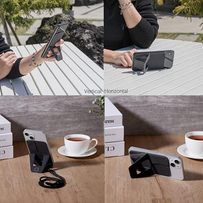 DesignNest FoldStand Slim Magnetic Phone Stand Card Holder with Lanyard, Horizontal Vertical View, Foldable Finger Grip, Wireless Charging Compatible Leather Brown