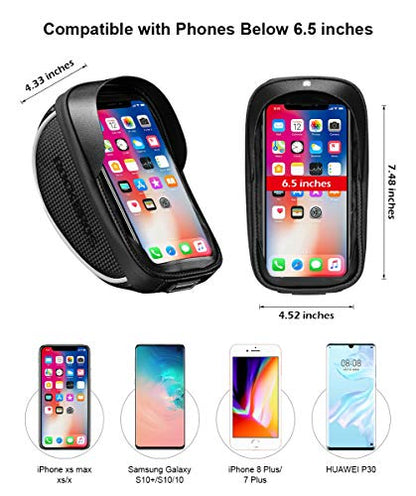 ROCKBROS Bike Phone Mount Bag, Waterproof Handlebar Bag for Cycling | Water-resistant Phone Bag Fits Phones Up to 6.5", with Touch Screen Access, Storage Space and Reflective Strips for Cycling - color: black