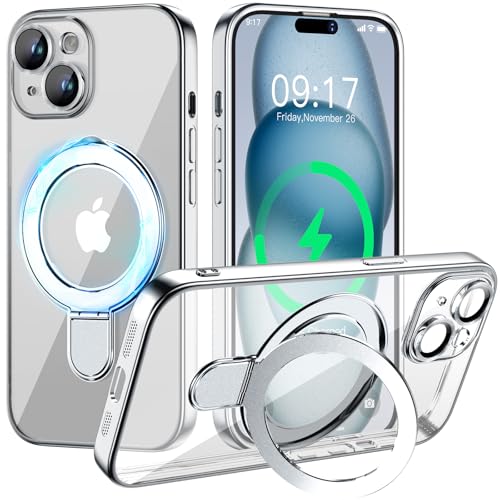 Magnetic for iPhone 15 Case with Invisible Stand[Compatible with MagSafe][Full Camera Lens Protector][Military Drop Protection] Shockproof Not Yellowing Clear Slim Soft for Women Men - color: Silver, size: iPhone 15