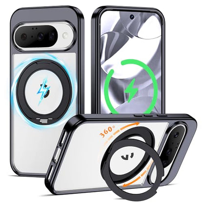Compatible with Clear Google Pixel 9 Case & Pixel 9 Pro Case 6.3'' with 360° Magnetic Ring Stand [Plating Phone Cases],Black - color: Black, size: Pixel 9 & Pixel 9 Pro
