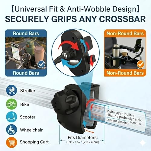 Universal 3-in-1 Stroller Cup Holder with 360° Rotatable Phone Mount, Detachable Dual Drink Holder for Bicycle, Motorcycle, Wheelchair, Walker, and Scooter, Fits Large Tumblers & Baby Bottles