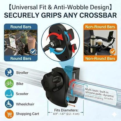 Universal 3-in-1 Stroller Cup Holder with 360° Rotatable Phone Mount, Detachable Dual Drink Holder for Bicycle, Motorcycle, Wheelchair, Walker, and Scooter, Fits Large Tumblers & Baby Bottles