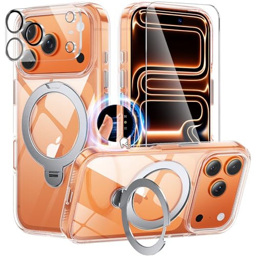 360°Ring Stand for iPhone 17 Pro Max Case with 1X Screen Protector +1X Camera Cover,Fit for MagSafe, Anti-Yellowing & Scratch-Resistant Back Phone Case for iPhone 17 Pro Max 6.9", Clear - color: A-Clear stand, size: Iphone 17 Pro Max