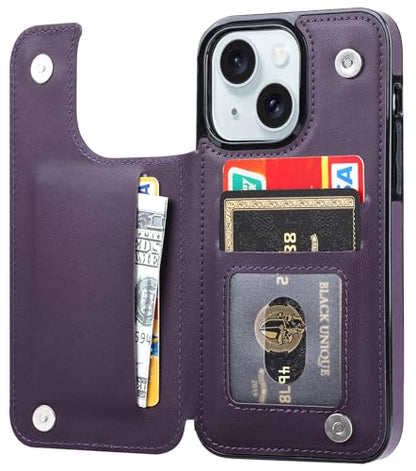 Wallet Case Compatible with iPhone 15 6.1”,Slim Protective case with Card Holder, PU Leather Kickstand Card Slots Case with a Screen Protector-Purple - color: Purple