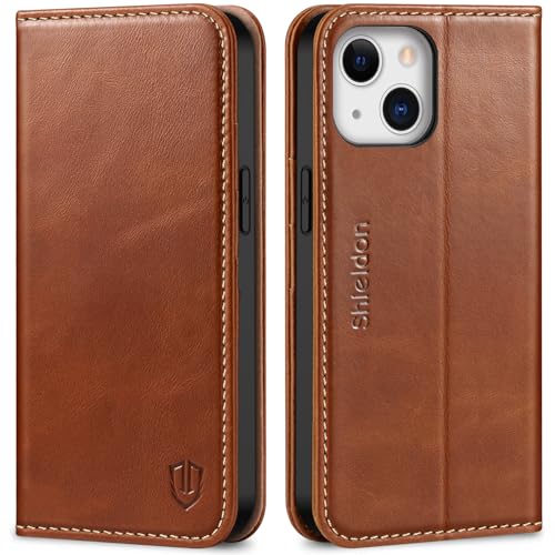 SHIELDON Genuine Leather Wallet Case for iPhone 13 6.1" 2021, Retro Brown | Magnetic Closure, RFID Blocking, Credit Card Holder, Kickstand, Folio Design, Shockproof Phone Cover - color: Brown - Retro
