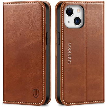 SHIELDON Genuine Leather Wallet Case for iPhone 13 6.1" 2021, Retro Brown | Magnetic Closure, RFID Blocking, Credit Card Holder, Kickstand, Folio Design, Shockproof Phone Cover - color: Brown - Retro