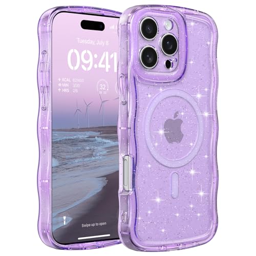 FABSPARK Glitter Case for iPhone 13 Pro,Fit for MagSafe,Purple | Magnetic Curly Wavy Frame | Sparkly Bling Glitter | Transparent Clear Acrylic Hard PC for iPhone 13 Pro,Purple - color: Glitter Clear Purple, size: for iPhone 13 Pro
