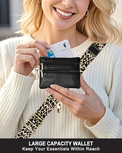 Nipichsha Crossbody Phone Strap with Wallet, Clip and Go Strap for Phone - color: Black Leopard