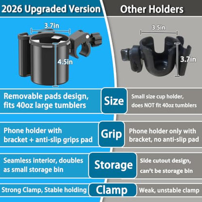 Universal Clamp-on 2-in-1 Cup Holder & Phone Holder for Stroller, Walker, Wheelchair, Fits 12oz-40oz Drinks, Multifunctional Storage Organizer, Pack of 2 - color: Pack Of 2