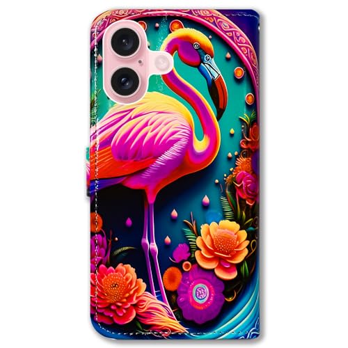 Bcov Case for iPhone 16,Pink Flamingo Flowers Mandala Multifunction Leather Phone Case Wallet Flip Cover with Multi Card Slots Pocket Wrist Strap for Apple iPhone 16 - color: Pink Flamingo Flowers Mandala