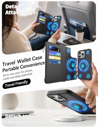 for iPhone 16 Pro 2-in-1 Magnetic Crossbody Wallet Case + Wrist Strap | Wireless Charging After Wallet Removal, Detachable Crossbody/Wrist Straps, Landscape Stand, Card Holder and Zipper Pocket - color: Black, size: iPhone 16 Pro
