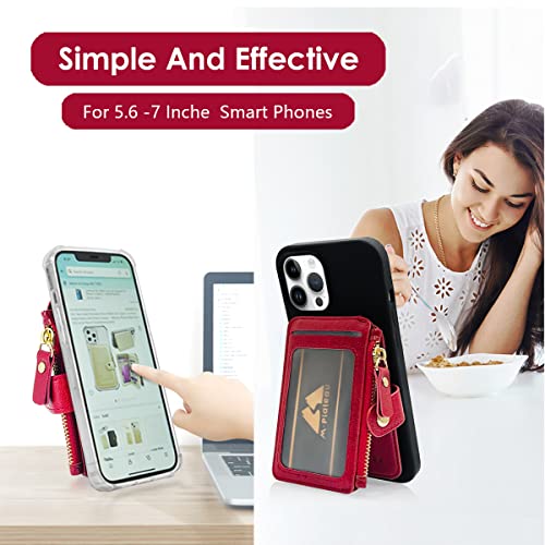 RFID Blocking Phone Wallet Stick On Button Closure with Attachable Sticker | Credit Card Holder for Women with Zipper Coin Purse Have 6 Card Slots and ID Window Compatible with Most Smartphones) (Red) - color: Red