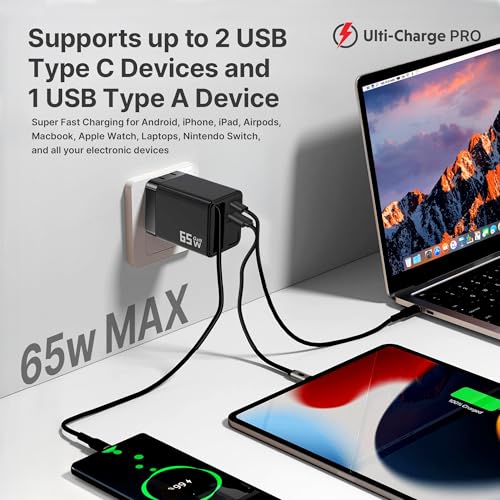 Ulti Charge Pro 65W USB C Charger with 25 Inch Retractable USB C Cable