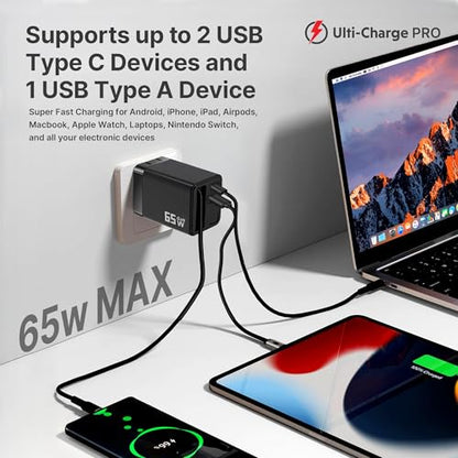 Ulti Charge Pro 65W USB C Charger with 25 Inch Retractable USB C Cable