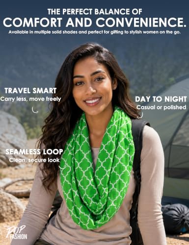 Pop Fashion Quatrefoil Pattern Infinity Scarf for Women - Travel Scarf with Hidden Pocket - All Seasons - color: Green, size: 24.5 x 9.5