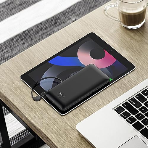 Portable Power Bank, Ultra Slim 10000mAh Portable Charger with Built in Cable, USB C External Battery Pack with Built-in AC Wall Plug Compatible with iPhone Smartphone Tablet… - color: Black