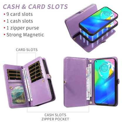 Asuwish Phone Case for Moto G Power 2020 Zipper Wallet Magnetic Detachable Cell Cover with Tempered Glass Screen Protector Crossbody Strap Mandala Flower Card Holder Motorola GPower Women Girls Purple