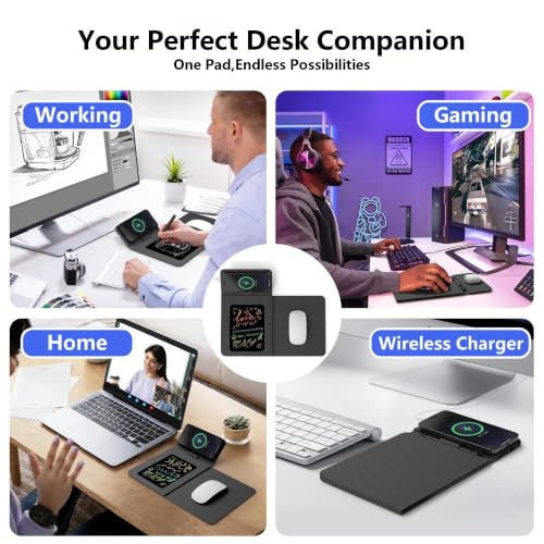 Foldable Travel Mouse Pad with 15W Qi Wireless Charger & Writing Tablet - color: Black