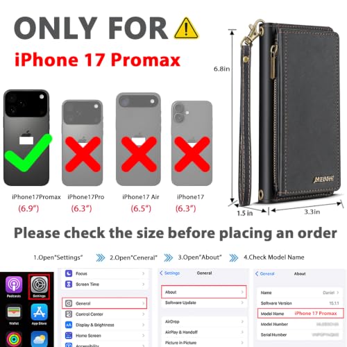 for iPhone 17 Pro Max Wallet Case, Detachable Magnetic Phone Case,Faux Leather Strap Wallet,with RFID Blocking，Zipper Card Holder，Shoulder Straps (Black) - color: Black, size: iPhone 17 Pro Max