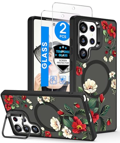 Dretal Magnetic Matte Floral Phone Case for Samsung Galaxy S26 Ultra -Black | Built-in Lens Stand,Screen Protector,Compatible with MagSafe,Shockproof Women Girls Flower Pattern Cover for S26 Ultra 5G - color: Black